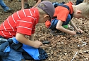 Neugierige Kids:  Mit der Lupe erkunden die Waldentdecker den Boden und erkennen, dass der Fr&uuml;hling &uuml;berall zu finden ist: Krabbelnde K&auml;fer, keimende Pflanzen und winzige W&uuml;rmer werden beobachtet. (Foto: S. Spehr)