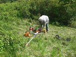 Mit Freischneider und Harke (Foto: Bodo Schwarzberg)