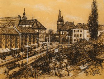 Die Rautenstra&szlig;e in den 70er/80er Jahren von G&uuml;nter Groh, Kreidezeichnung (Foto: Ilona Bergmann)