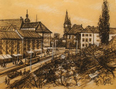 Die Rautenstra&szlig;e in den 70er/80er Jahren von G&uuml;nter Groh, Kreidezeichnung (Foto: Ilona Bergmann)