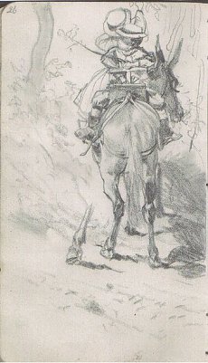 Adolph Menzel: Zwei Kinder auf einem Maultier reitend, Zeichnung, Skizzenbuch von 1868, Staatliche Museen zu Berlin, Kupferstichkabinett, bpk   (Foto: H. Kneffel)