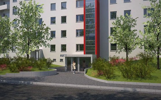 So wird es am Aueblick aussehen: Eingangsbereich mit angebautem Fahrstuhl (Foto: WBG)