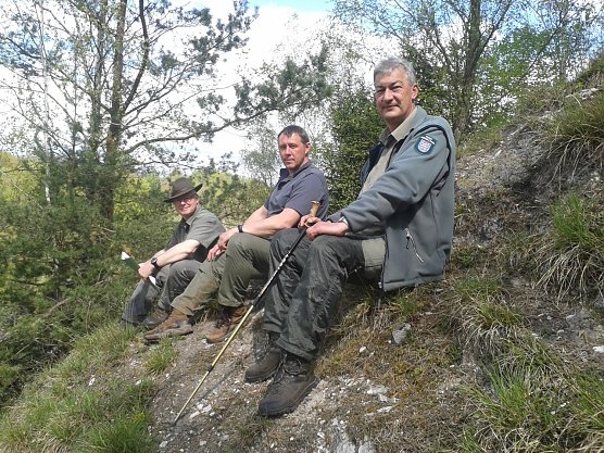 v.l.n.r.: Knut Apel (stellvertretender Forstamtsleiter Forstamt Bleicherode-S&uuml;dharz), Stadtf&ouml;rster Axel Axt und der Revierleiter Nordhausen Michael Wei&szlig;leder bei der Begehung im Naturschutzgebiet R&uuml;digsdorfer Schweiz. (Foto: Bodo Schwarzberg)