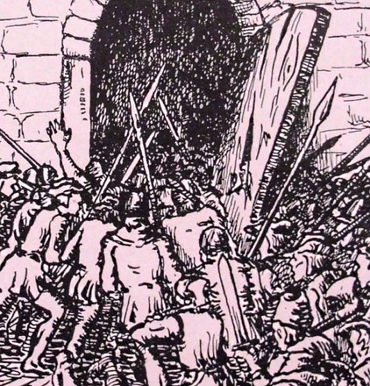 Sturm auf das Riesenhaus 1375 - Zeichnung von Fritz Teichm&uuml;ller (Foto: Museum Tabakspeicher)