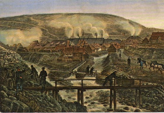 Die Frankenscharrnh&uuml;tte bei Clausthal-Zellerfeld um 1840 - eine der gravierendsten Schwermetallquellen im Oberharz. Kolorierte Lithographie nach einer Zeichnung von Wilhelm Ripe (Foto: Dipl.-Ing. Manfred Lischke)