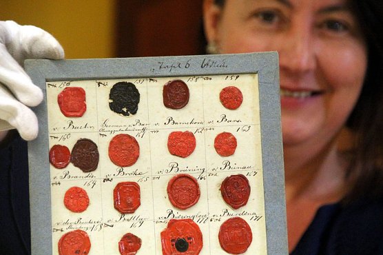 Der Wert der Sammlung liegt in der Vielfalt - Susanne Hinsching mit historischen Siegeln (Foto: Patrick Grabe, Pressestelle Stadt Nordhausen)