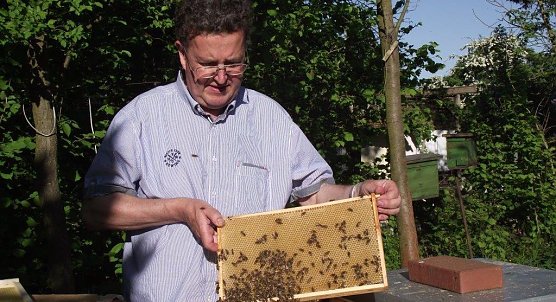 J&uuml;rgen Reichl betreibt hauptberuflich ein Schl&uuml;sseldienst-Fachgesch&auml;ft. Sein leidenschaftliches Hobby ist die Imkerei. Viele Stunden widmet er in seiner freien Zeit den emsigen Bienen (Foto: Kurt Frank)