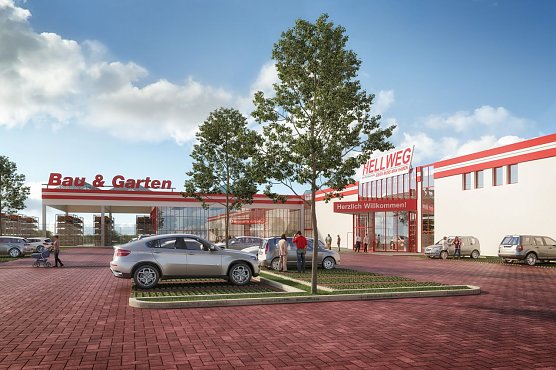 An der Helme 25 in Nordhausen entsteht ein v&ouml;llig neuer HELLWEG Markt an alter Stelle. Komplett umgebaut, modernisiert und mit neuem Gartenmarkt ist eine Fr&uuml;hjahrs-Neuer&ouml;ffnung, p&uuml;nktlich zur Gartensaison 2019, geplant (Foto: HELLWEG Die Profi-Baum&auml;rkte GmbH & Co. KG)