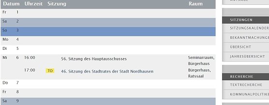 Screenshot des Sitzungskalenders (28.01.2019 07:52) (Foto: nnz)