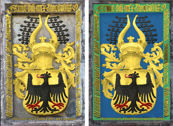 So k&ouml;nnte der "Theo" restauriert aussehen - der linke Entwurf zeigt den Stein ohne originale Farbgebung, der rechte eine Ann&auml;herung an die am Stein vorgefundenen Farbelemente (Foto: Michael Garke)