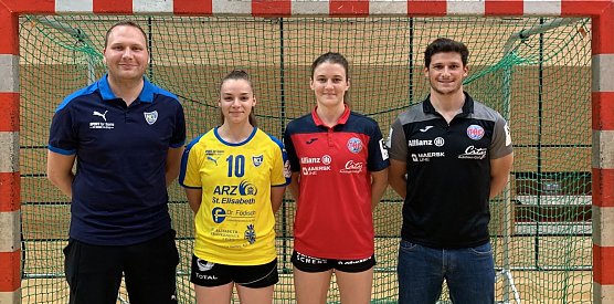 v.L.n.R.: HCL Trainer Fabian Kunze, HCL Spielerin Emely Theilig, Tyra Bessert, THC Trainer Goncalo Miranda (Foto: THC)