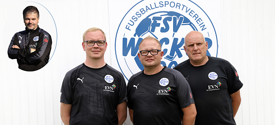 Trainerfoto vlnr: Steve Hoffmann, Sven Kreidemeier, Torsten Ernst. Eingef&uuml;gt: Jens Penzler (Foto: FSV Wacker 90 Nordhausen)