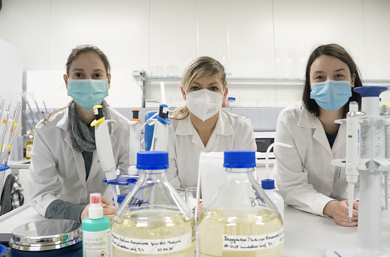 Dr. Anja Schreiber mit den Labormitarbeiterinnen Dana Seidler und Mar&eacute;n Podewski (Foto: Hochschule Nordhausen)
