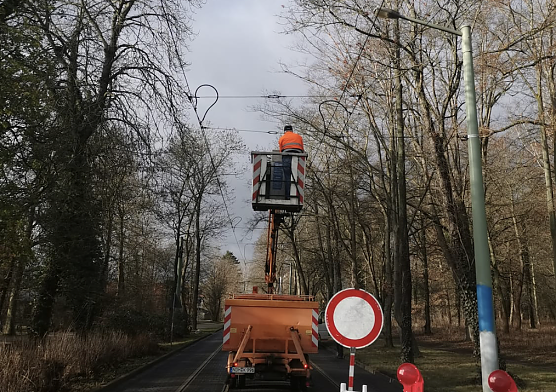 Reparatur der gerissenen Oberleitung in der Leimbacher Straße (Foto: Verkehrsbetriebe Nordhausen) Reparatur der gerissenen Oberleitung in der Leimbacher Straße (Foto: Verkehrsbetriebe Nordhausen)
