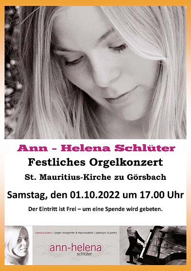 Orgelkonzert mit Ann-Helena Schlüter (Foto: Kirchgemeinde Görsbach) Orgelkonzert mit Ann-Helena Schlüter (Foto: Kirchgemeinde Görsbach)