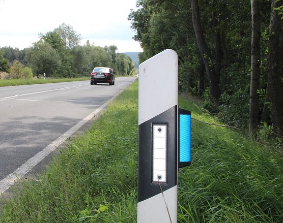 Zus&auml;tzliche blaue Reflektoren an den stra&szlig;enbegleitenden Leitpfosten (re.) werfen durch das Scheinwerferlicht vorbeifahrender Fahrzeuge bei D&auml;mmerung und Dunkelheit Lichtsignale an den Waldrand, um damit das Wild zu vergr&auml;men � ihre Wirkung ist wissenschaftlich umstritten (Foto: Dr. Horst Spro&szlig;mann)