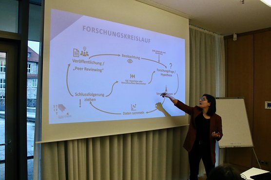 Dr. Agnese Fazio vom Schülerforschungszentrum erläutert Grundlagen (Foto: agl) Dr. Agnese Fazio vom Schülerforschungszentrum erläutert Grundlagen (Foto: agl)