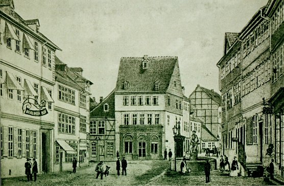 Alte Ansicht der Wasserkunst mit der Leda in der Unteren Rautenstra&szlig;e nach 1818 (Foto: Heidelore Kneffel)