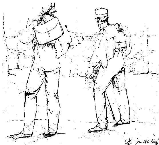 Zeichnung von Georg Kersting:  Caspar David Friedrich und Gottlob Christian K&uuml;hn im Reisekost&uuml;m vom R&uuml;cken gesehen im Harz, rechts signiert im Blatt GK. den 16.6.1811.  (Foto: H.Kneffel)