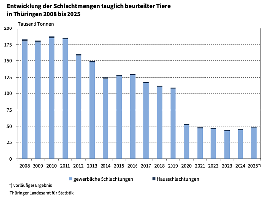 Statistische Entwicklung der Schlachtmengen 2008 bis 2025 (Foto: Landesamt Statistik) Statistische Entwicklung der Schlachtmengen 2008 bis 2025 (Foto: Landesamt Statistik)