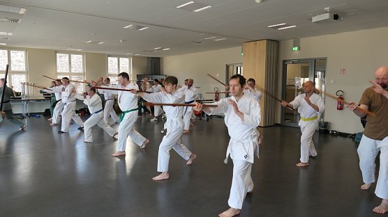 Nach einer Aufw&auml;rmphase &uuml;bten die Teilnehmer festgelegte Bewegungsabl&auml;ufe und Kombinationen. (Foto: Sven Schr&ouml;ter)