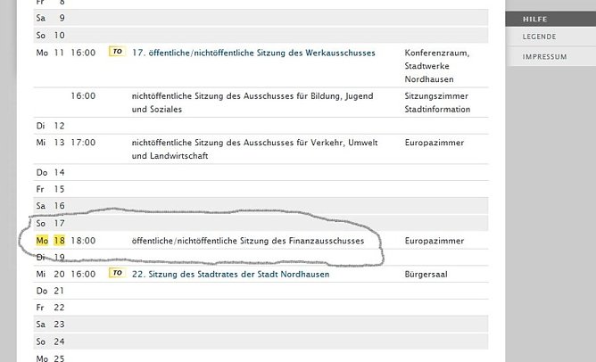 Blick auf den Sitzungskalender (Foto: nnz)