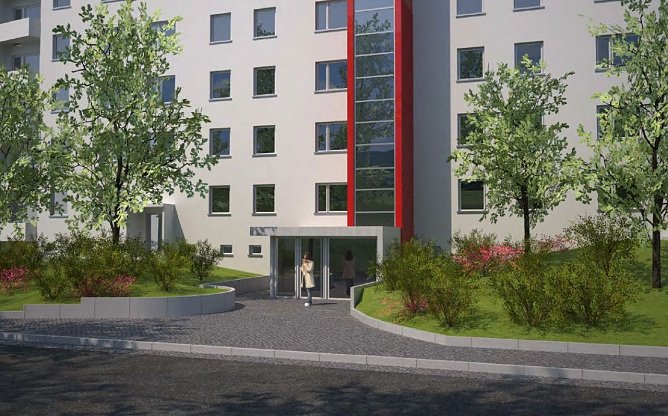 So wird es am Aueblick aussehen: Eingangsbereich mit angebautem Fahrstuhl (Foto: WBG)