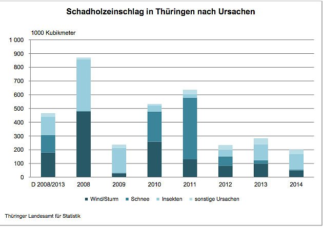 Schadholzeinschlag in Thüringen nach Ursachen (Foto: Thüringer Landesamt für Statistik) Schadholzeinschlag in Thüringen nach Ursachen (Foto: Thüringer Landesamt für Statistik)