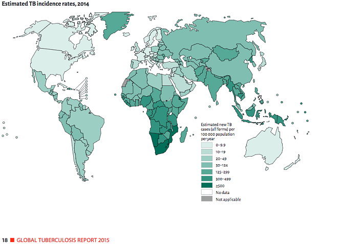 Weltweite Verbreitung von Tuberkulose F&auml;llen 2014 (Foto: WHO Global Tuberculosis Report 2015)