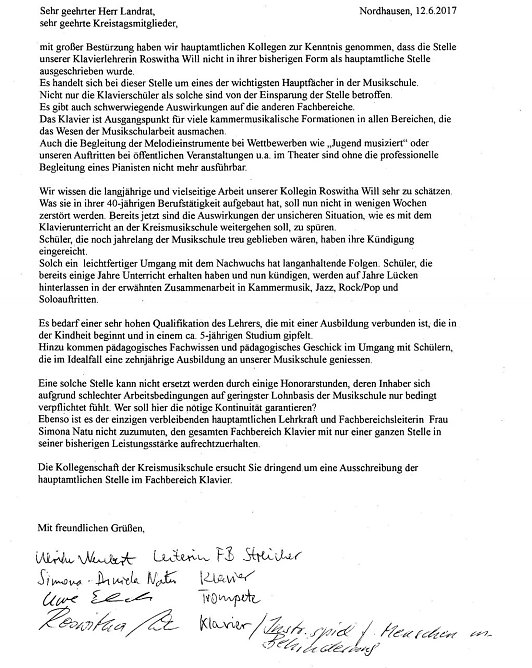 Brief der Lehrer der Kreismusikschule (Foto: privat)