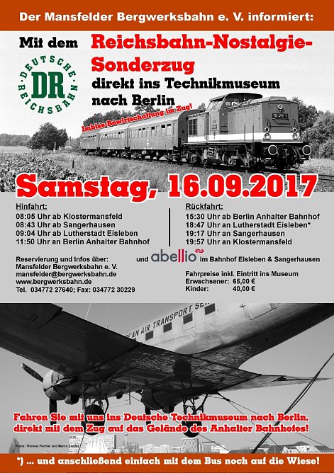 Plakat Sonderzug (Foto: Mansfelder Bergwerksbahn) Plakat Sonderzug (Foto: Mansfelder Bergwerksbahn)
