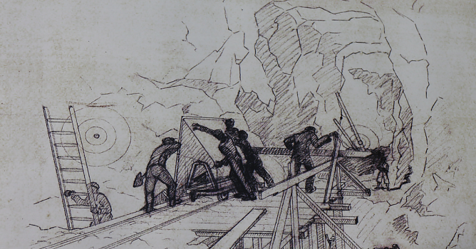 Stollenarbeiten in Dora, Zeichnung von Werner Br&auml;he, deutscher Werkschronist (Foto: Angelo Glashagel)