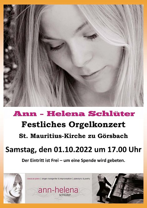 Orgelkonzert mit Ann-Helena Schlüter (Foto: Kirchgemeinde Görsbach) Orgelkonzert mit Ann-Helena Schlüter (Foto: Kirchgemeinde Görsbach)