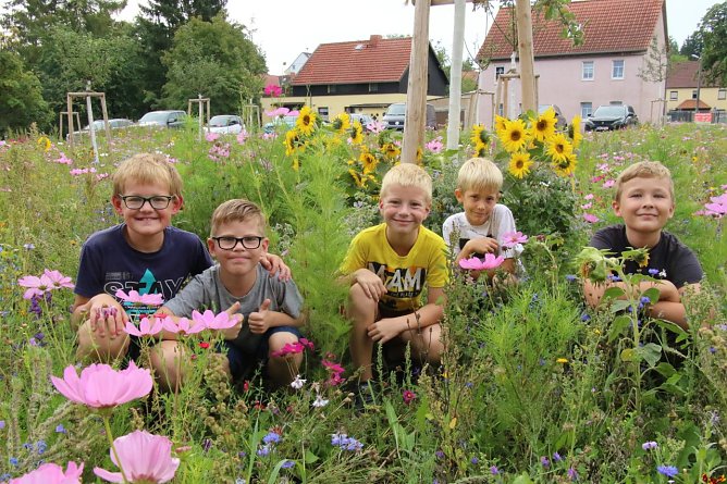 Die frisch gebackenen Viertklässler der Grundschule Niedersalza inmitten "ihrer" Wiese (Foto: agl) Die frisch gebackenen Viertklässler der Grundschule Niedersalza inmitten "ihrer" Wiese (Foto: agl)