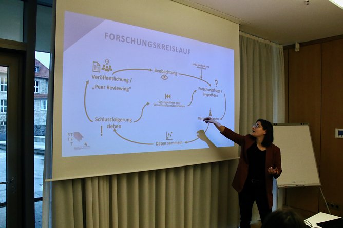 Dr. Agnese Fazio vom Sch&uuml;lerforschungszentrum erl&auml;utert Grundlagen (Foto: agl)