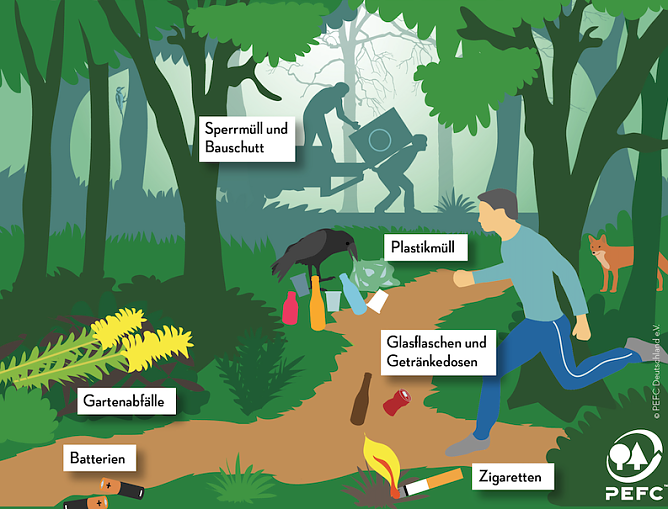 Müll im Wald schadet allen (Foto: PEFC Deutschland/ThüringenForst) Müll im Wald schadet allen (Foto: PEFC Deutschland/ThüringenForst)