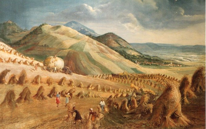 Otto Kn&ouml;pfer: &Ouml;lfarbe auf Leinwand, 107 cm x 163 cm, Gro&szlig;e Erntelandschaft mit den Drei Gleichen, 1952 (Foto: Heidelore Kneffel)