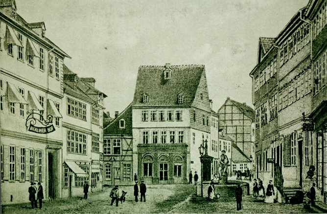 Alte Ansicht der Wasserkunst mit der Leda in der Unteren Rautenstra&szlig;e nach 1818 (Foto: Heidelore Kneffel)