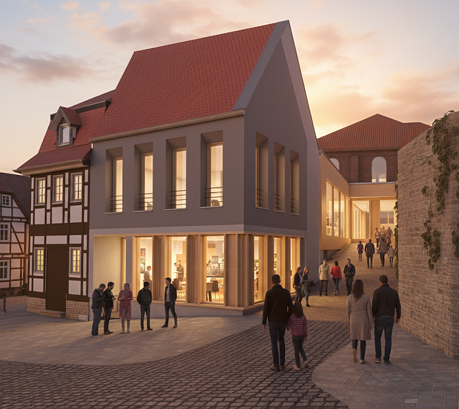 Die Visualisierung zeigt, wie sich neue Mensa und das Hauptgeb&auml;ude in die M&uuml;nzgasse einf&uuml;gen. (Foto: Visualisierung: Arge T&ouml;lle/Waldheim)