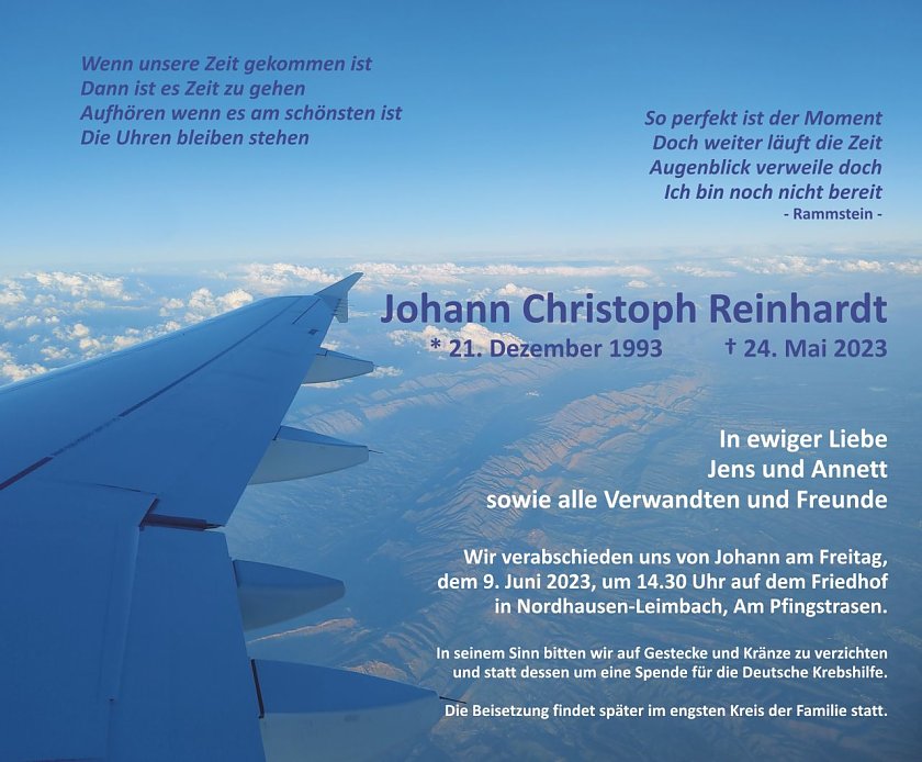 Traueranzeige Johann Christoph Reinhardt (Foto: keine Angaben)
