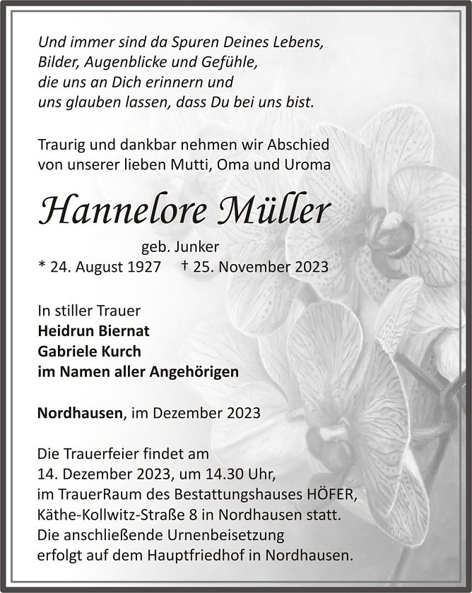 Traueranzeige Hannelore M&uuml;ller (Foto: H&Ouml;FER)