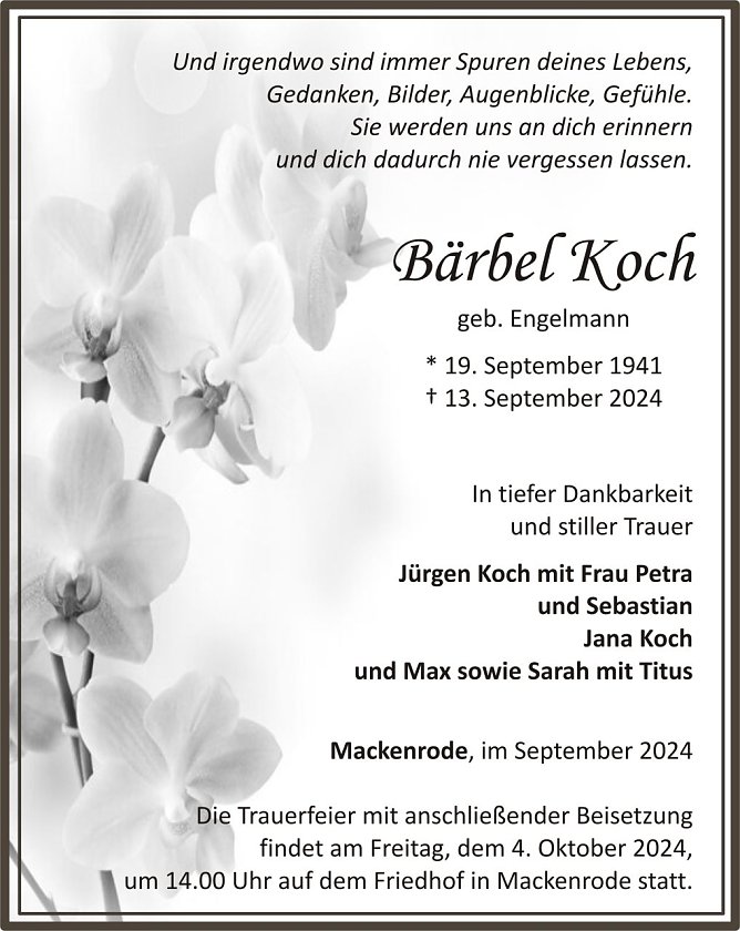 Traueranzeige B&auml;rbel Koch (Foto: keine Angaben)