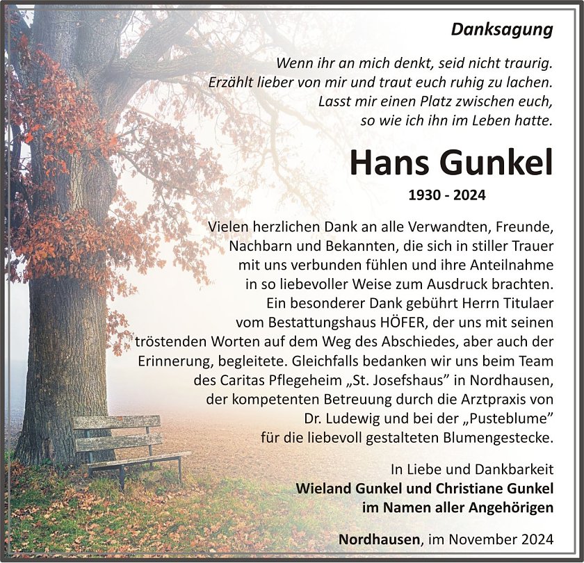 Dankanzeige Hans Gunkel (Foto: keine Angaben)