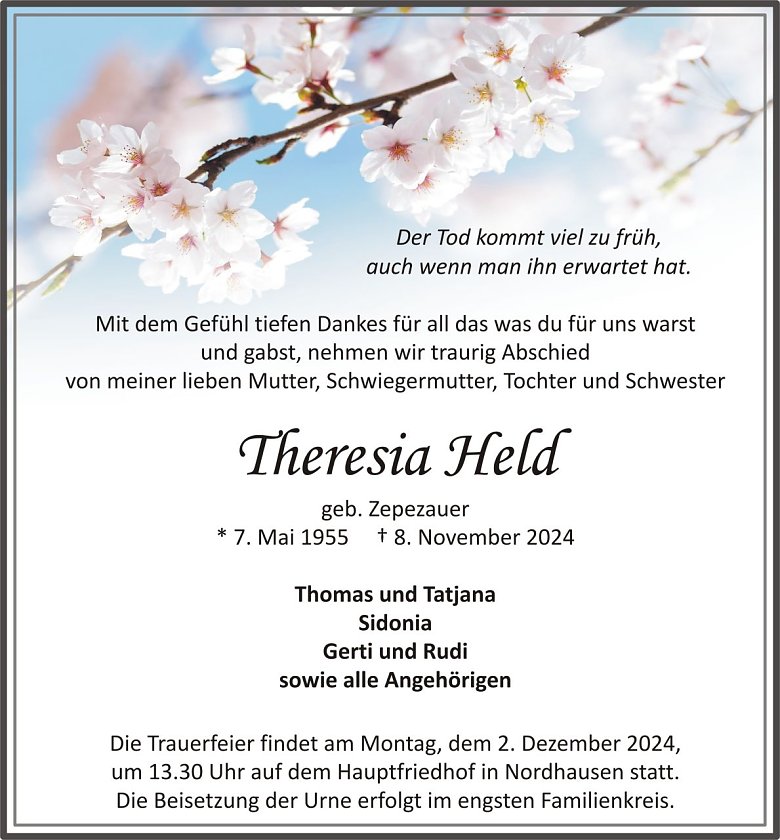 Traueranzeige Theresia Held (Foto: keine Angaben)