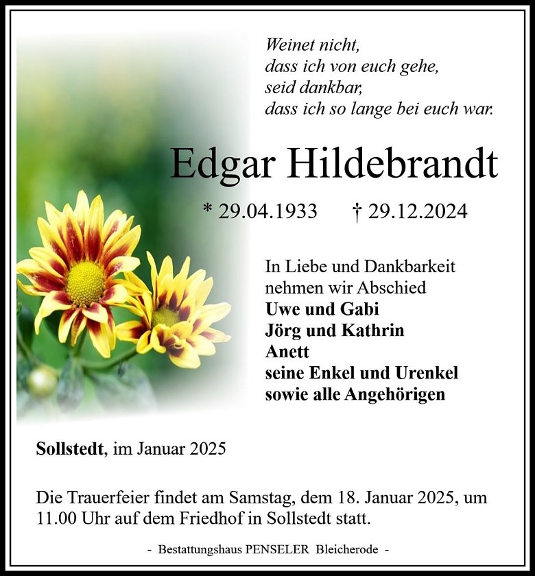 Traueranzeige E. Hildebrandt (Foto: Bestattungshaus Penseler)