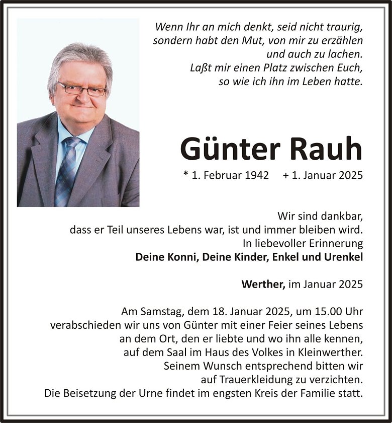 Traueranzeige G&uuml;nter Rauh (Foto: keine Angaben)
