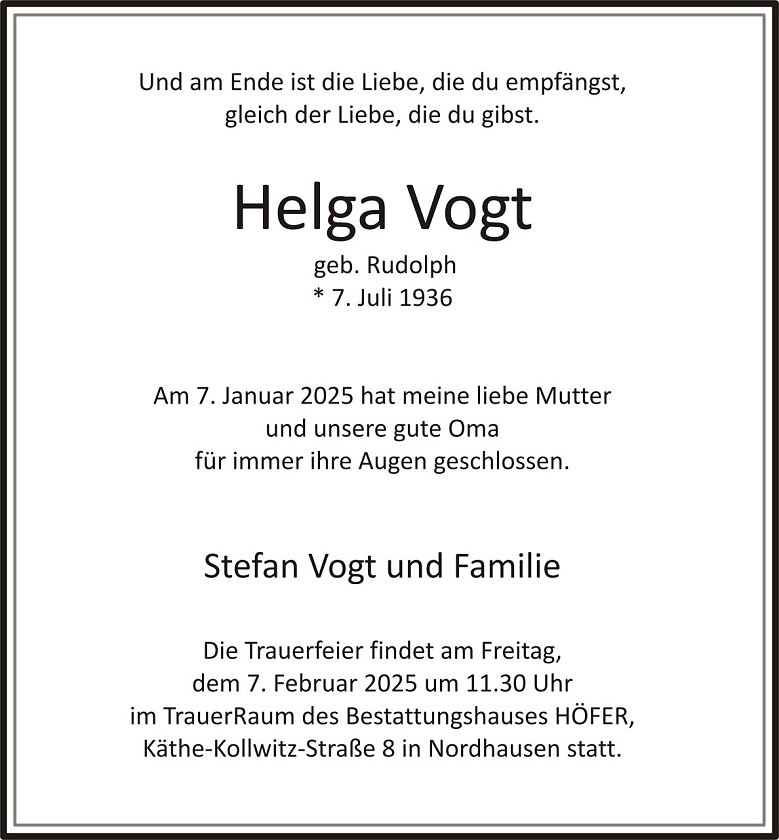 Traueranzeige Helga Vogt (Foto: H&Ouml;FER)