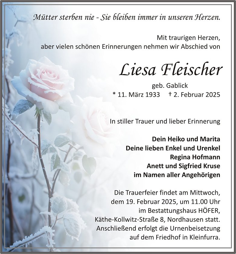 Traueranzeige Liesa Fleischer (Foto: keine Angaben)