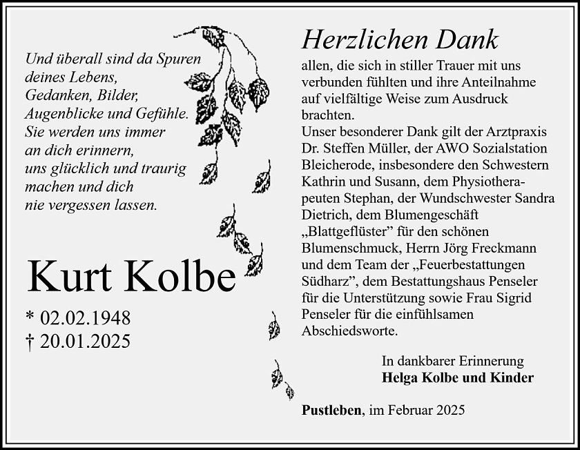 Danksagung Kurt Kolbe (Foto: Bestattungshaus Penseler)