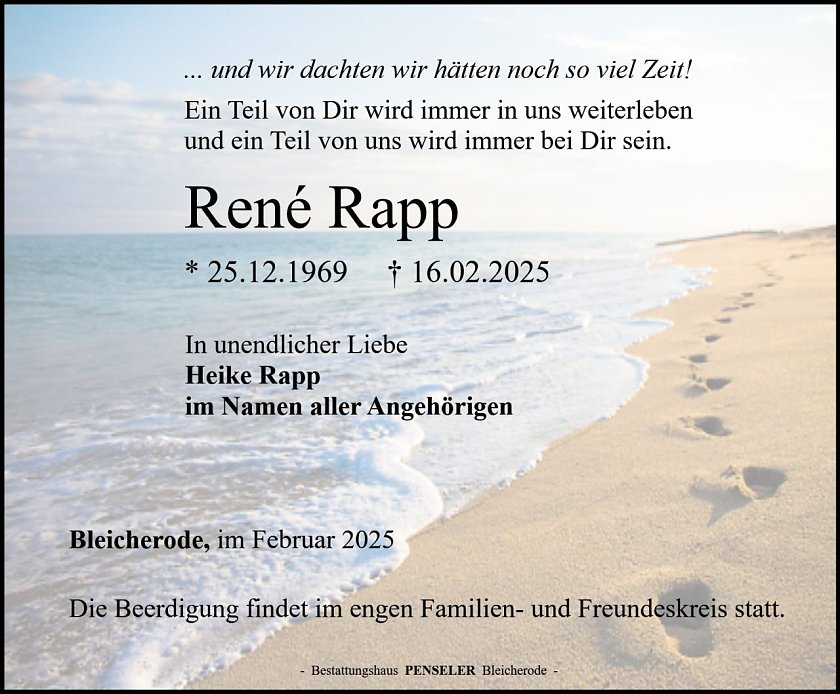 Traueranzeige Ren&eacute; Rapp (Foto: Bestattungshaus Penseler)